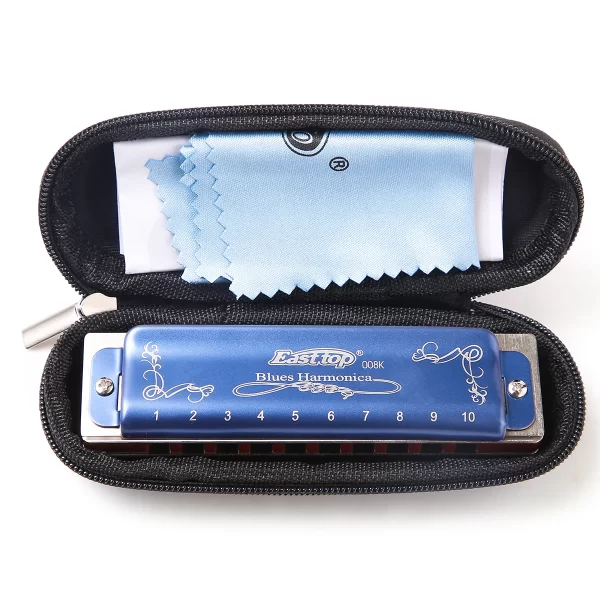 East Top Diatonic Harmonica 10 Holes Blues Harmonica Blue T008K with Case Professional Harmonica for Beginner Students Adults - Image 2