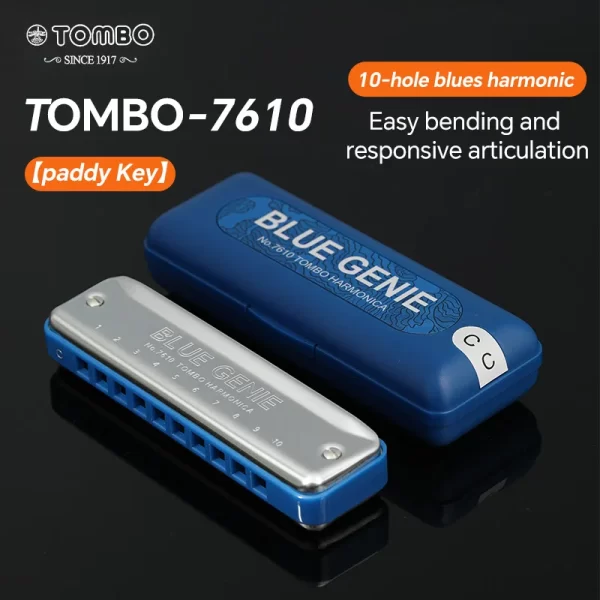 TOMBO 7610 Paddy 10 Hole Blues Harp Harmonica Diatonic Mouth Oragn Key of C with Grey Plastic Comb for Beginners, Adults