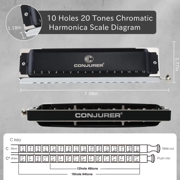CONJURER Chromatic harmonica 16 Hole 64 Tone black stainless steel key of c musical instrument - Image 3