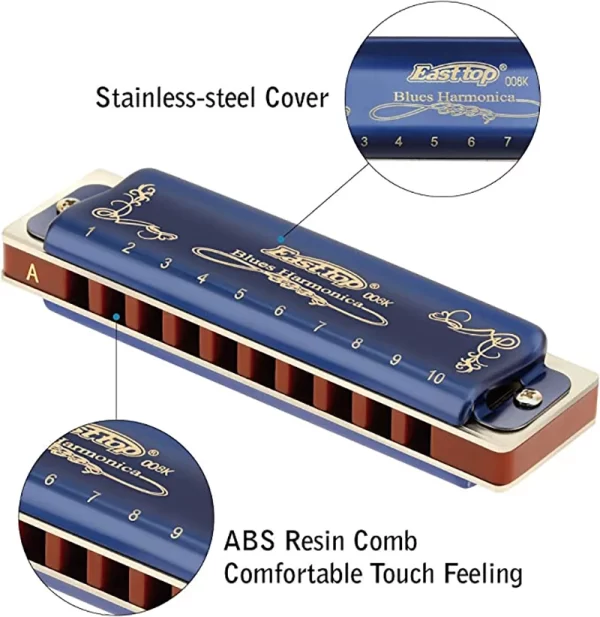 East top Harmonica 008K Blues Harp Mouth Organ10 Holes 20 Tones Diatonic Blues Harmonica with Blue Case, Top Grade Harmonica - Image 4