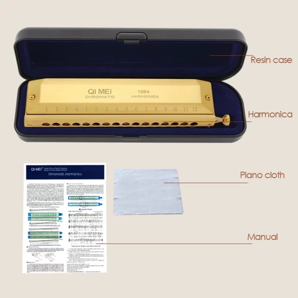 QI MEI Chromatic Harmonica 16 Hole 64 Tone Mouth Organ Instrumentos Key Of C Professional Musical Instruments - Image 3