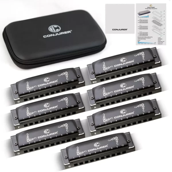 Conjurer 10 hole blues harmonica set of 7 keys with case for beginner professional adults