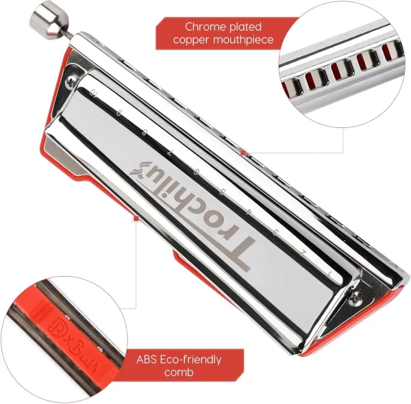 JDR Trochilus 10 Holes Chromatic Harmonica Key of C Armonica Valveless Harp Mouth Organ Chromonica with Case for Beginners - Image 3