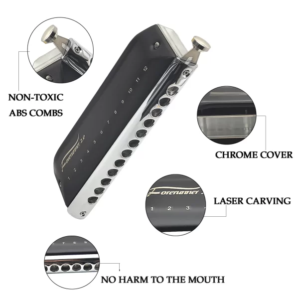 Chromatic Harmonica Forerunner 2.0,12 Hole 48 Tone Mouth Organ Harmonica without Valve,Harmonica C for Player, Beginner,Adults - Image 3